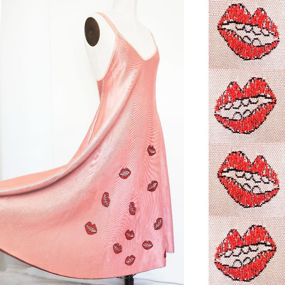 JIMI ROOS Women's RARE Pink Knit Fit and Flare Dress Whimsical Red Lips S/M - Picture 15 of 15